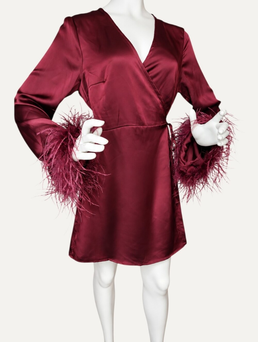 Glamorous Burgundy Satin Feather Cuff Wrap Mini Dress Size Large NWT
